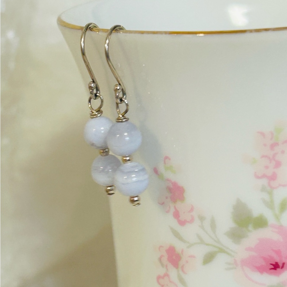 ! OOAK Blue Lace Agate and Sterling Silver Earrings, Handmade, NEW.